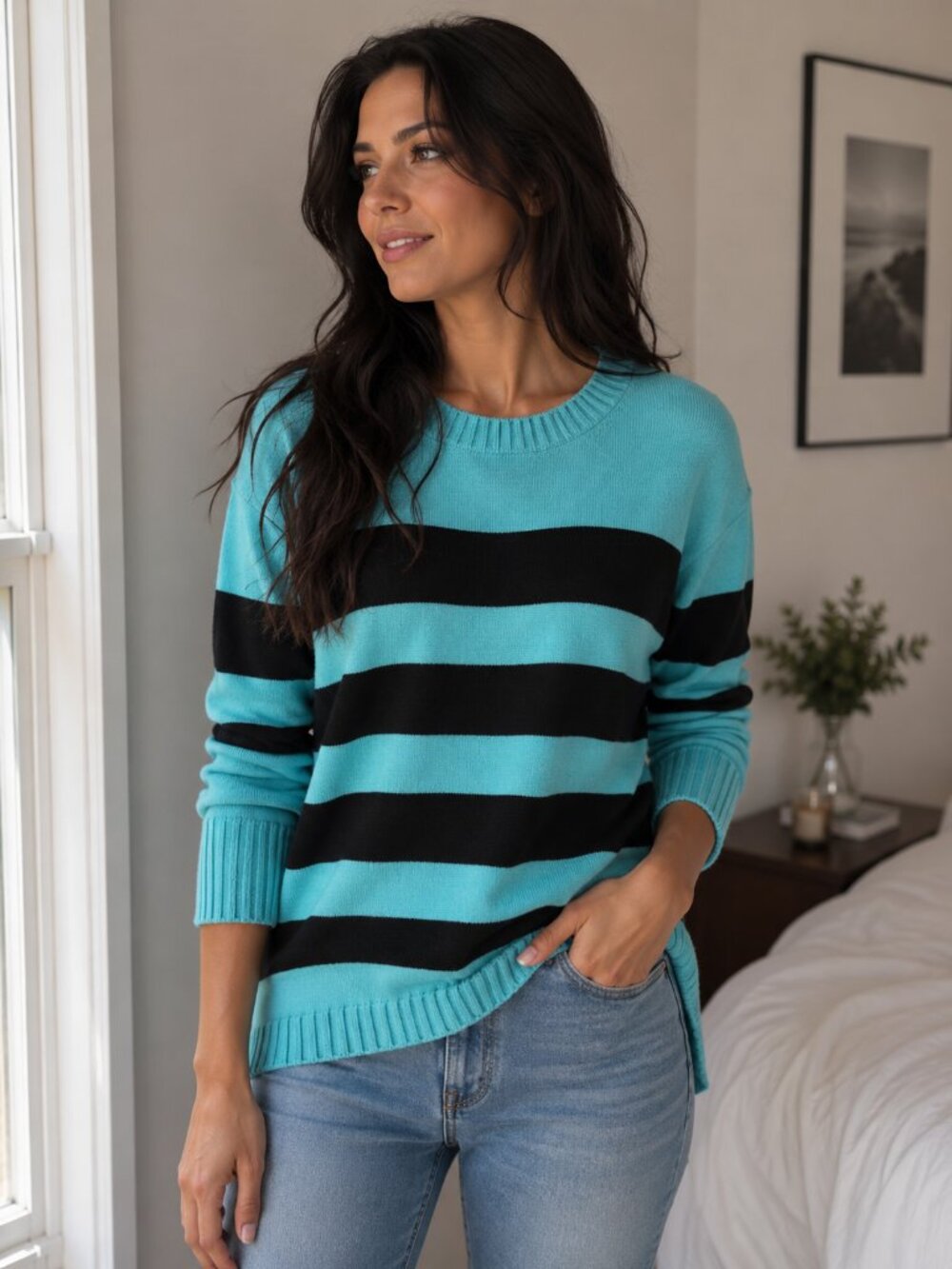 Mint and a black a striped button back sweater